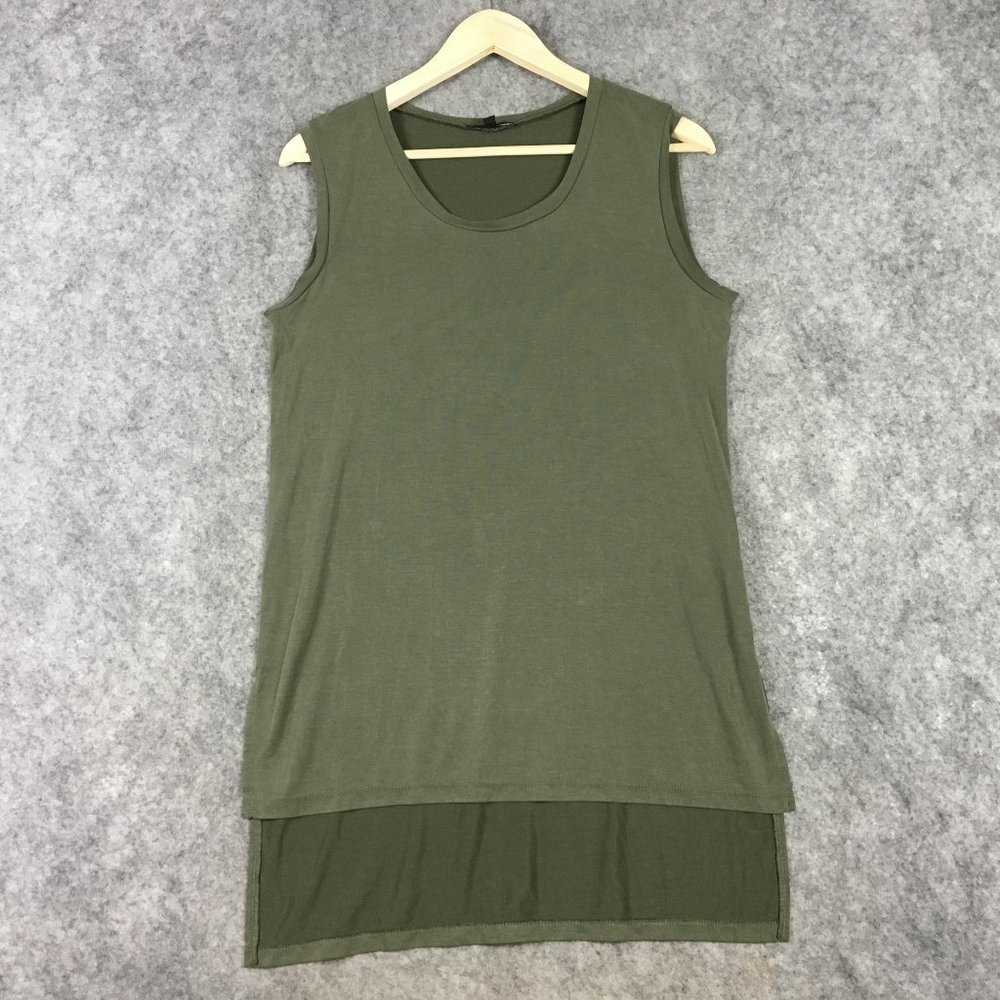 Drew Top S Tunic Sleeveless Tank High Low Asymmetric Olive Green Side Slits Knit